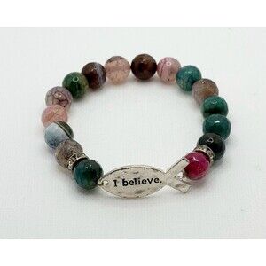 I Believe Ichthys Fish Charm Multi-Color Agate Beaded Stretch Bracelet